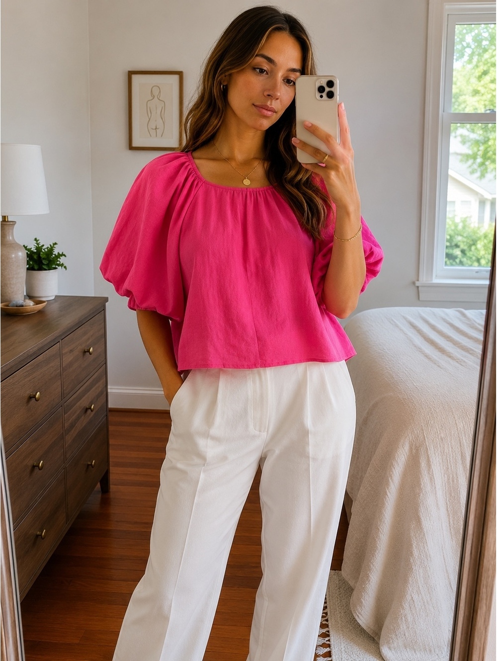 DKNY Hot Pink Linen Blend Puff Sleeve Blouse Top Women’s Size M NWT